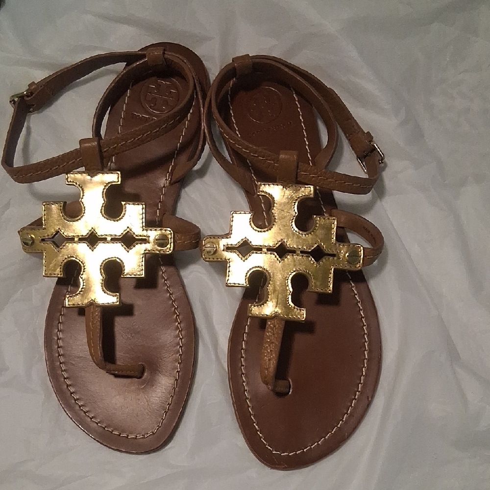 Tory Burch Brown Leather Sandals with Gold Logo